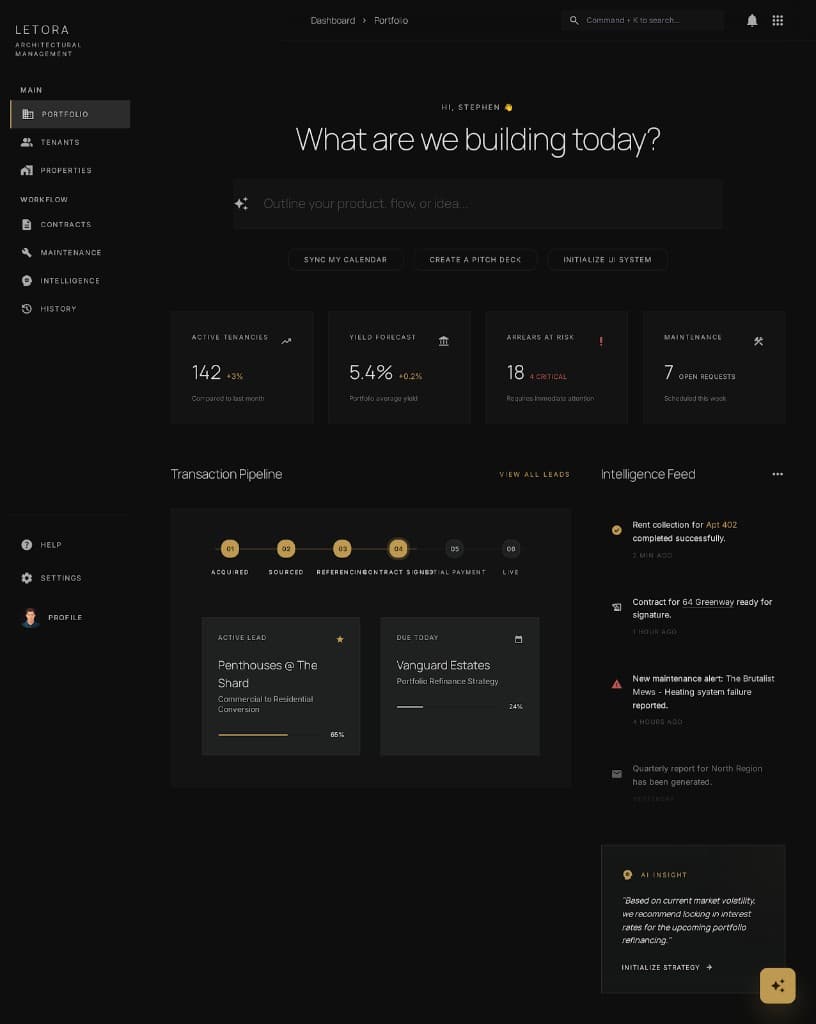 Letora dashboard showing portfolio metrics, pipeline stages, and recent activity